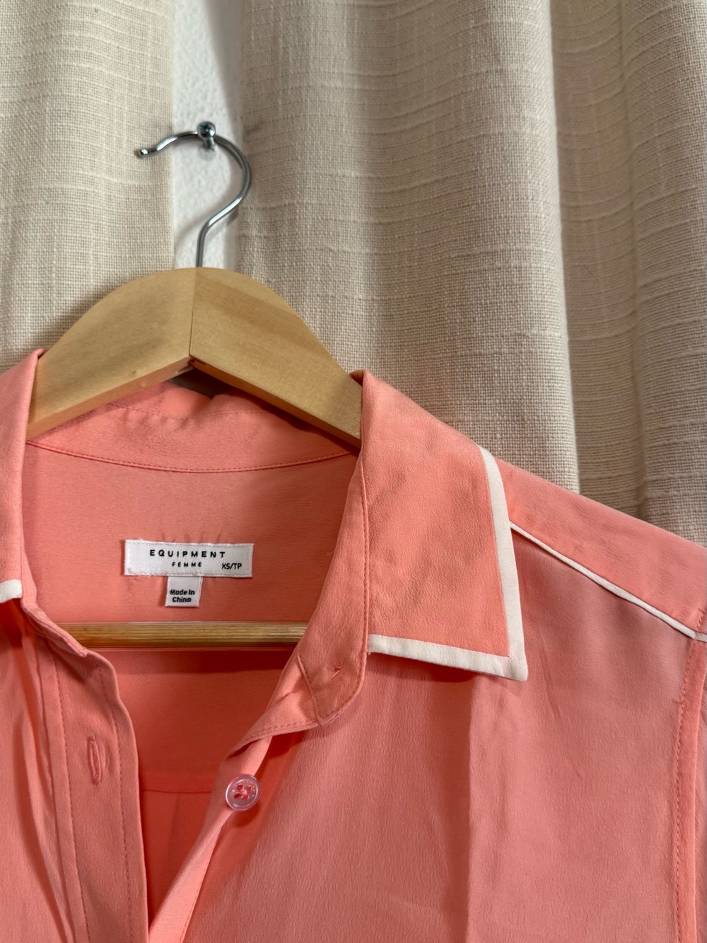 Equipment Coral-Pink Silk Button-Down Shirt with White Piping